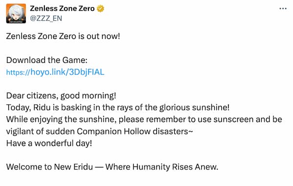 An official announcement of Zenless Zone Zero release